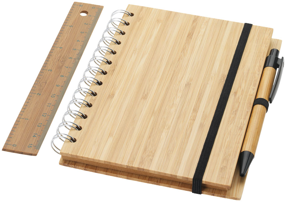 Libreta de espiral con cubierta de bambú y 70 hojas de papel rayado B6 y bolígrafo y regla a juego