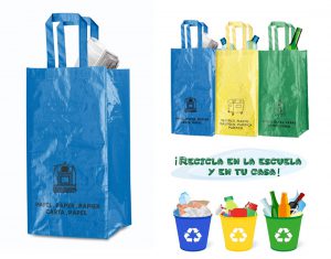 Set de 3 bolsas de reciclaje amarilla-verde-azul en resistente pp-woven laminado de 130g/m2 de acabado brillante.